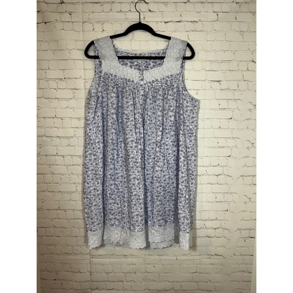 Eileen West Blue White Floral Cotton Lace Trim Sleeveless Nightgown Large